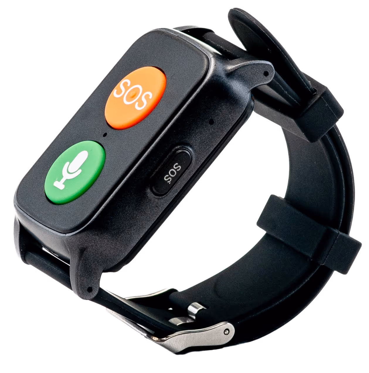 Schwarzes Notrufarmband mit einem orangen SOS-Knopf und einem grünen Mikrofon-Knopf.