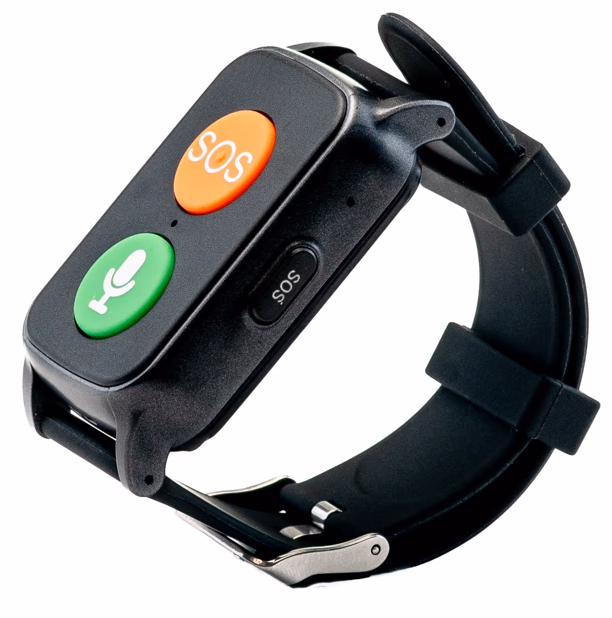 Schwarzes Notrufarmband mit zwei Knöpfen: roter SOS-Button und grüner Mikrofon-Button.