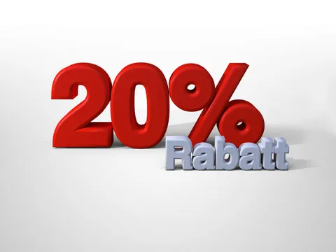 Rote 3D-Zahl 20% mit dem Wort Rabatt in hellgrauer 3D-Schrift darunter.