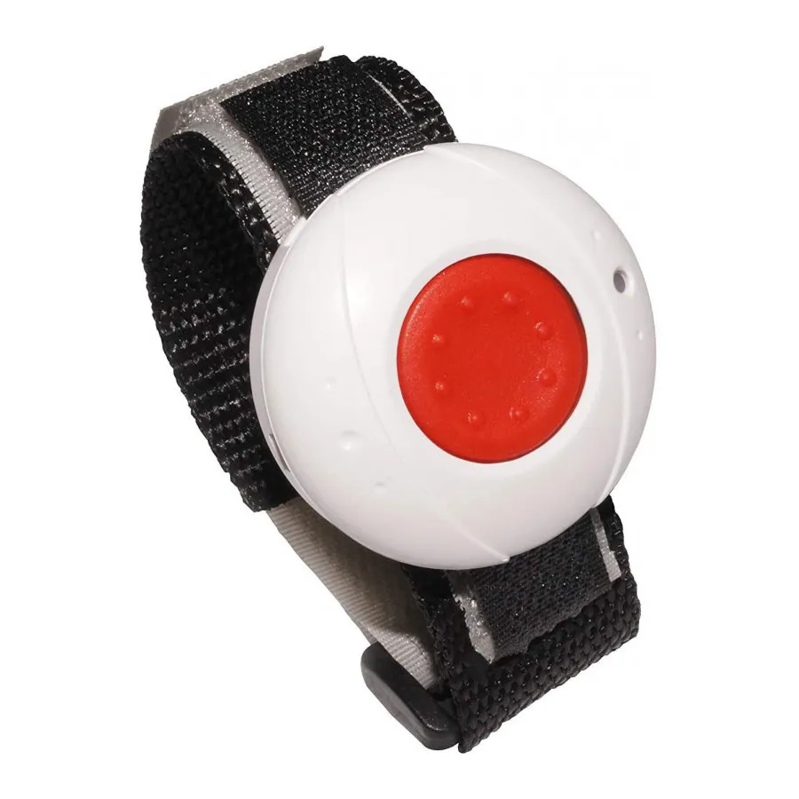 Weißes Notfall-Armband mit rotem Knopf und schwarzem Klettverschlussband.