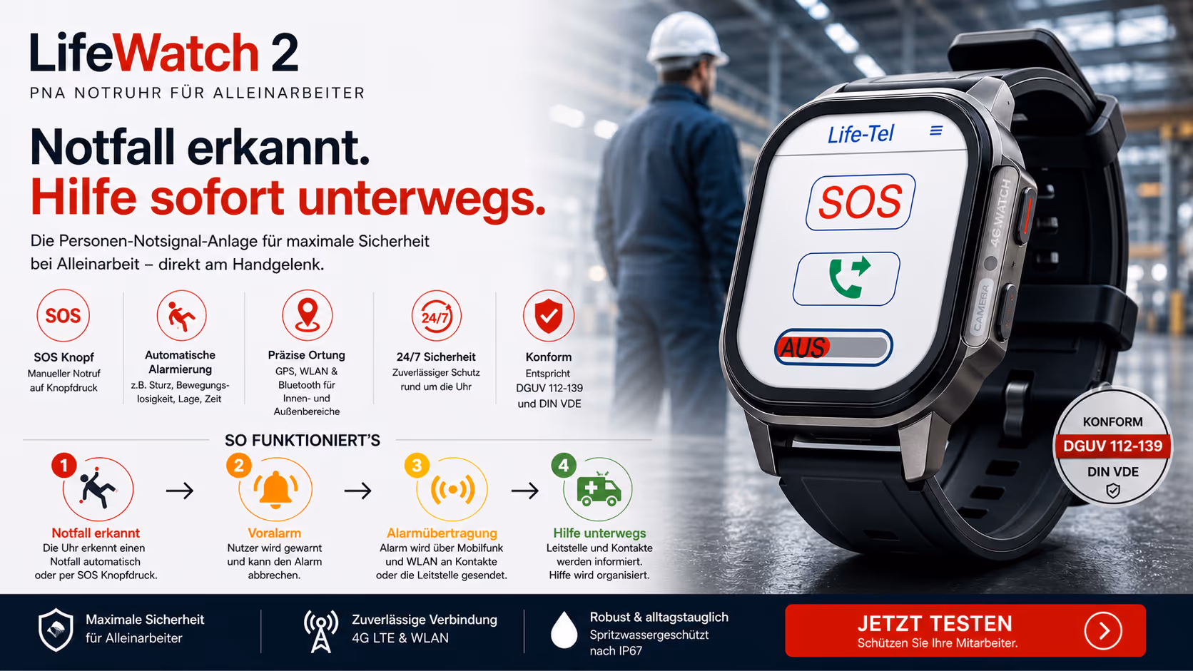 LifeWatch 2 Notruhr für Alleinarbeiter mit SOS-Funktion zeigt Uhr mit SOS- und Anrufsymbol, Info zu automatischer Notfallerkennung, präziser Ortung und 24/7 Sicherheit in Industrieumgebung.