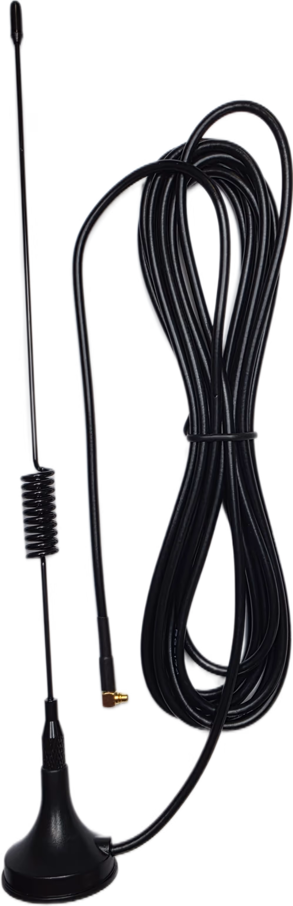 Schwarze TV-Antenne mit Magnetfuß und langem schwarzen Kabel.