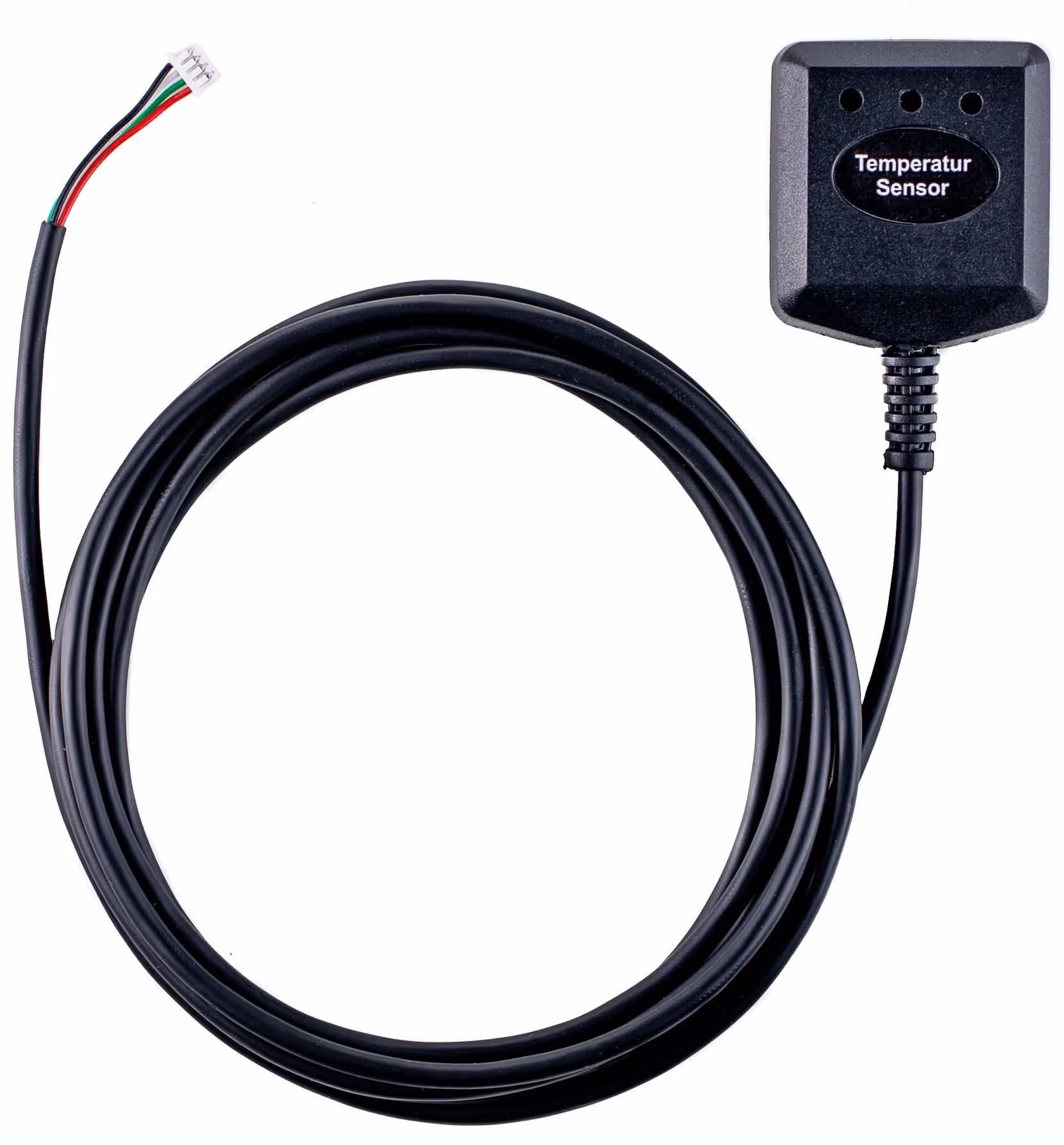 Schwarzes Kabel mit Temperatur-Sensor und vieradrigem Stecker an einem Ende.