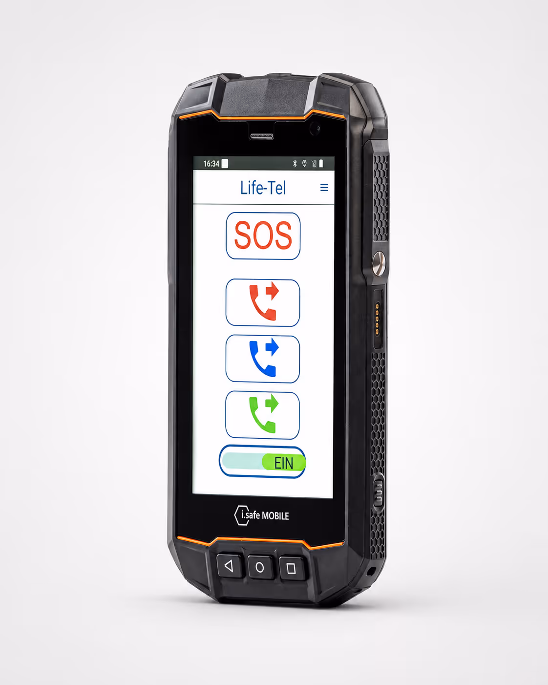 Robustes mobiles Gerät mit Lebens-Tel SOS-Bildschirm und farbigen Anrufsymbolen.