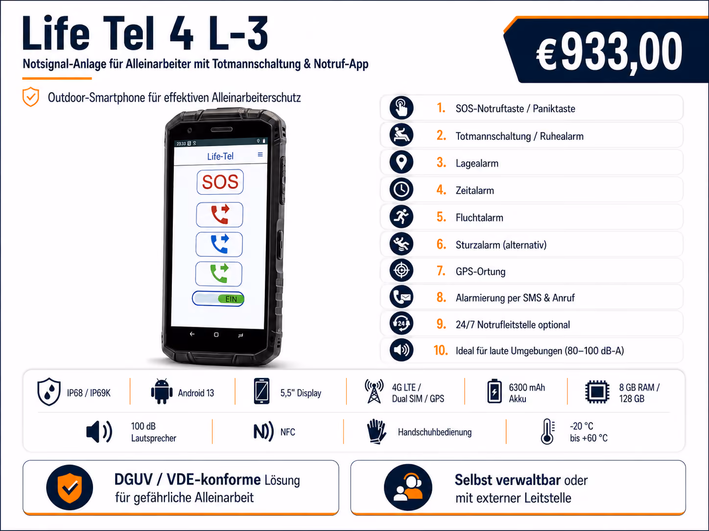 Life Tel 4 L-3 Outdoor-Smartphone mit Notruf- und Totmannschaltung, Preise und technische Daten.