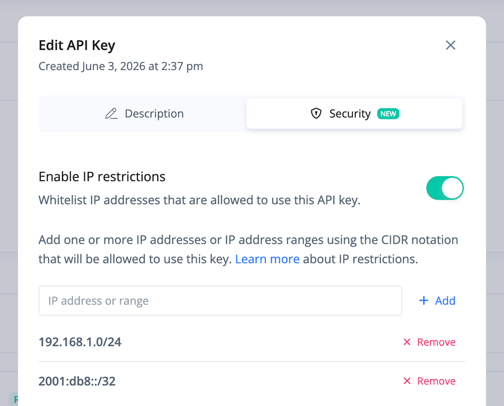 Configure IP and endpoint restrictions for your API keys