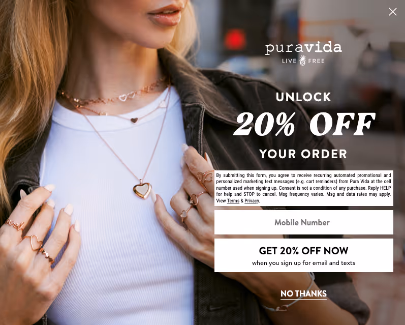 example of email & SMS pop-up form