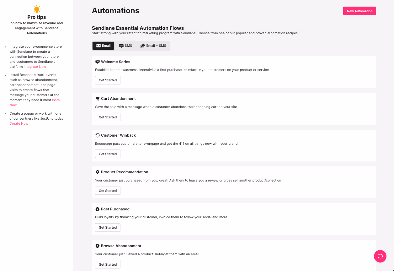 Pre-built funnels section inside Sendlane