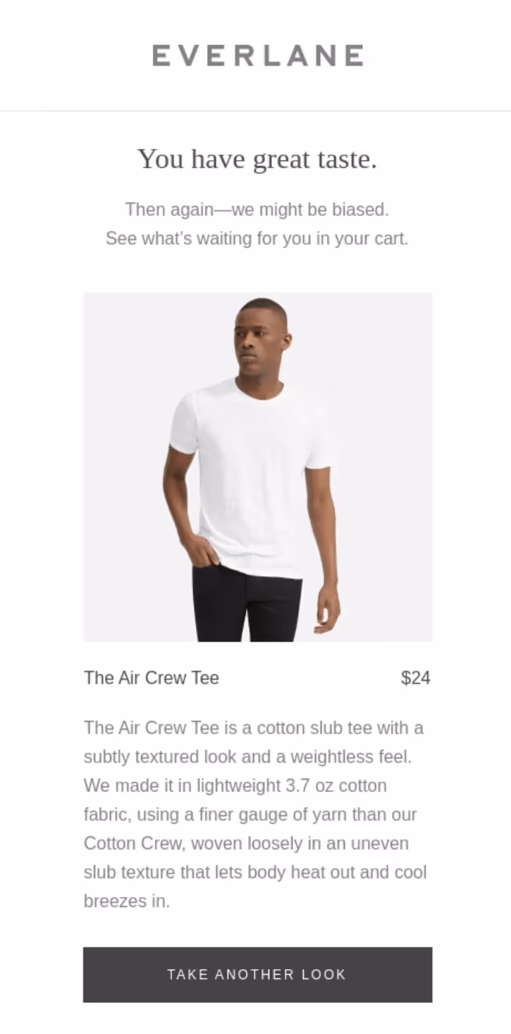 Everlane abandoned cart email with product benefits