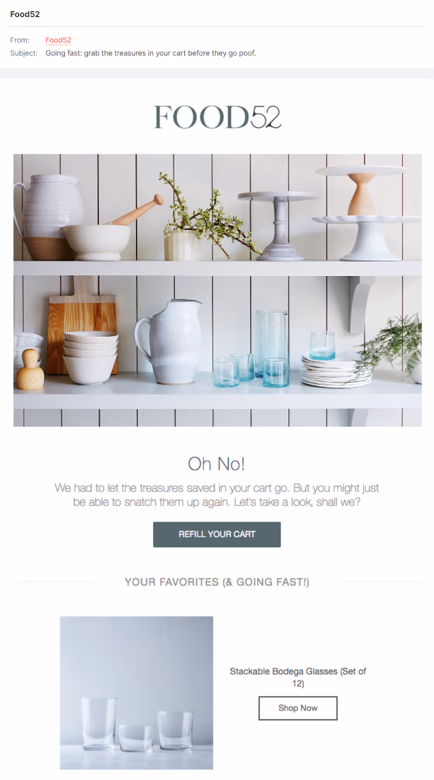Food52 abandoned cart email with first subject line