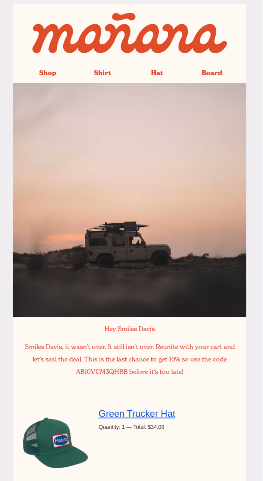 Manana abandoned cart email with special offer