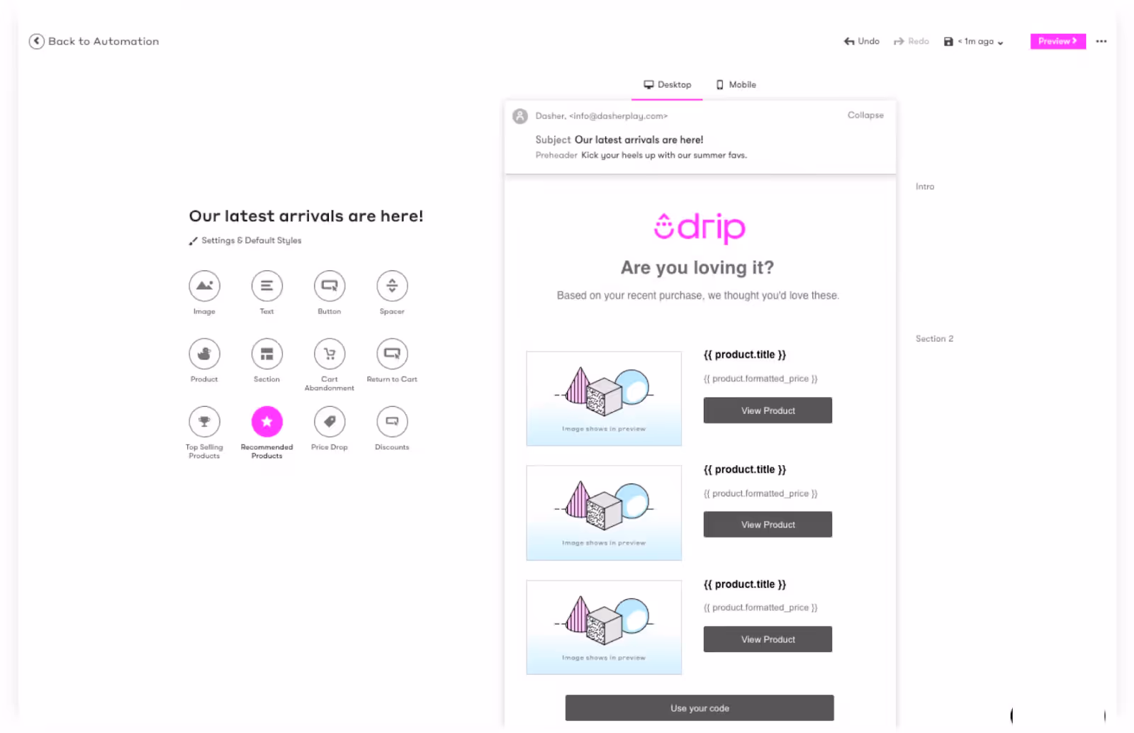 Drip product recommendation email template
