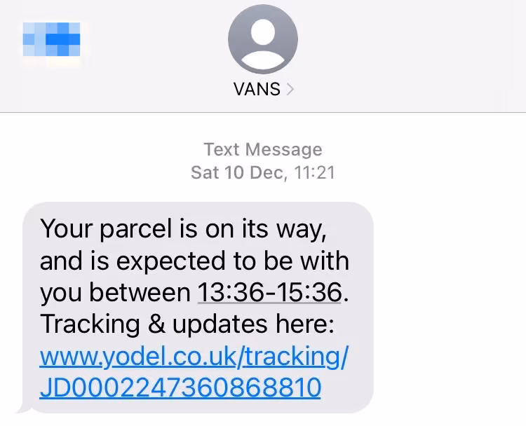 Vans order confirmation SMS