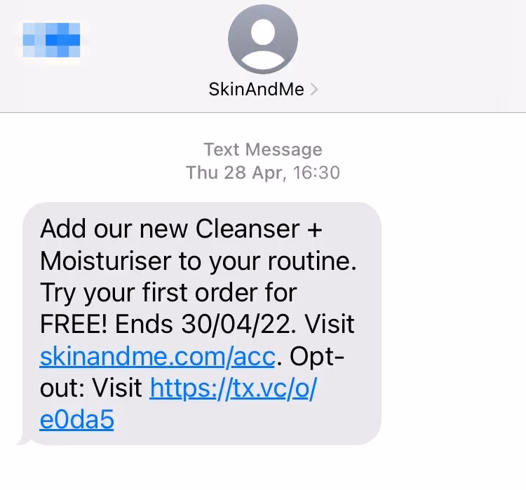 Skin & Me upsell SMS