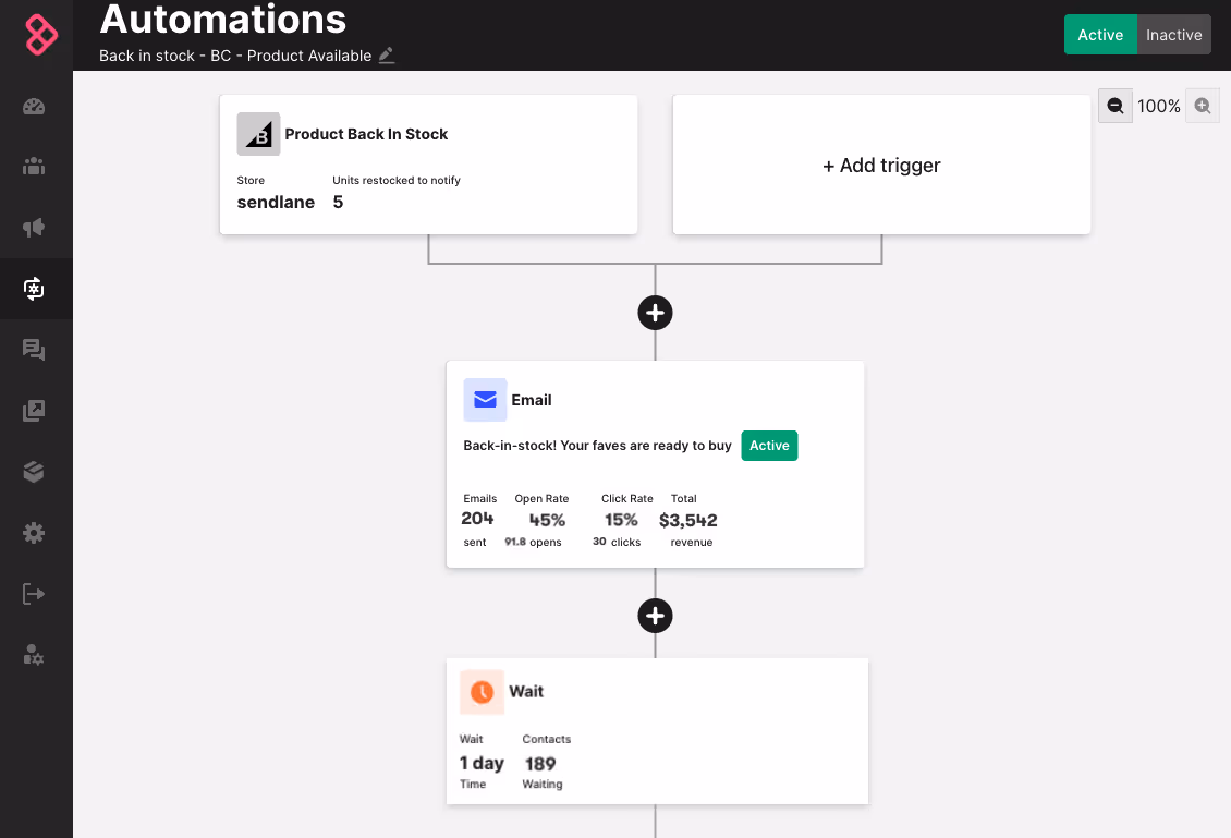 Sendlane marketing automation for back-in-stock notifications 