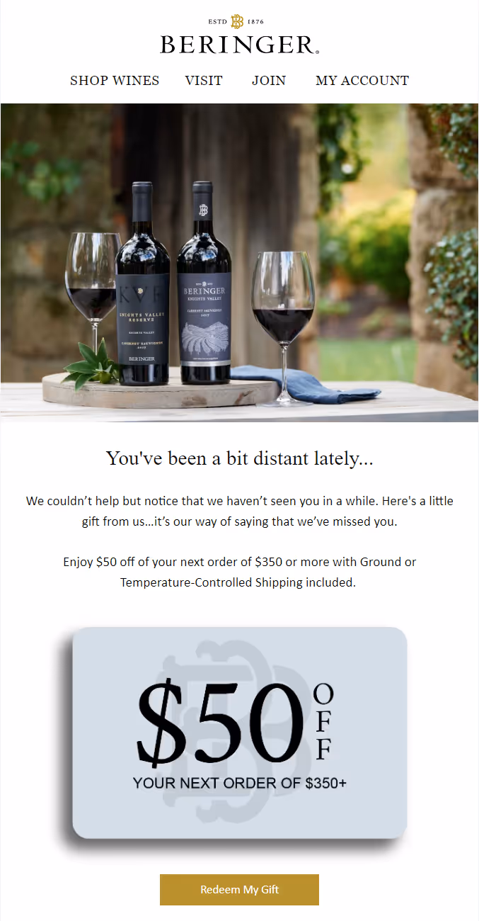 Beringer Vineyards win-back email