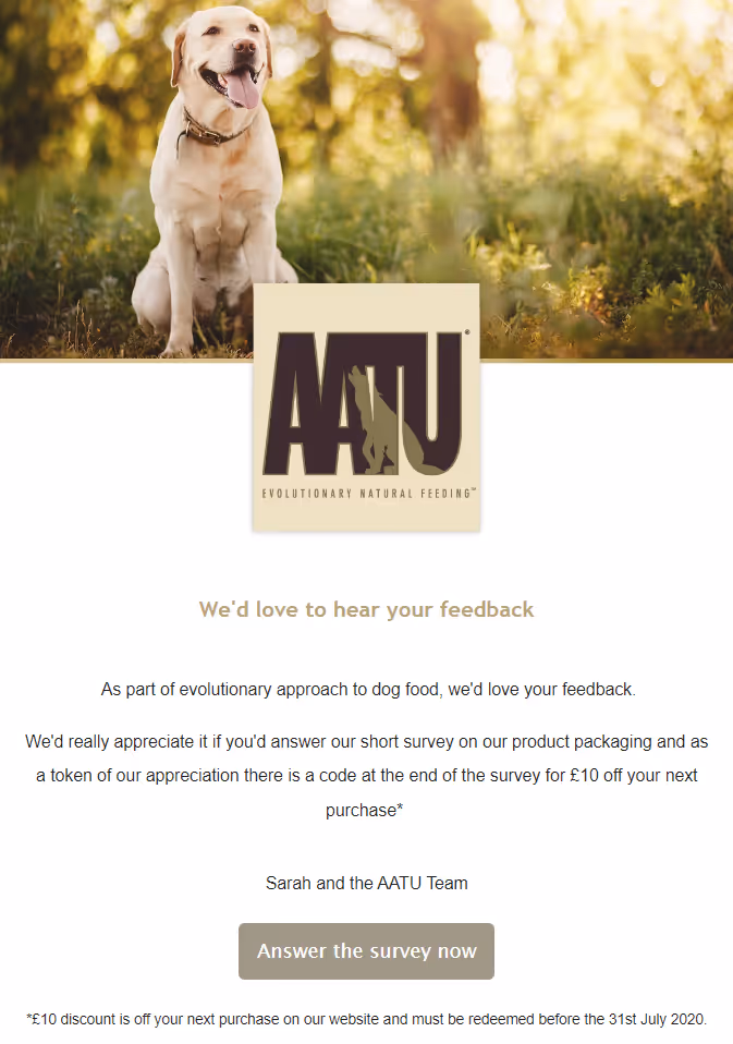 AATU Dog and Cat Food feedback email”