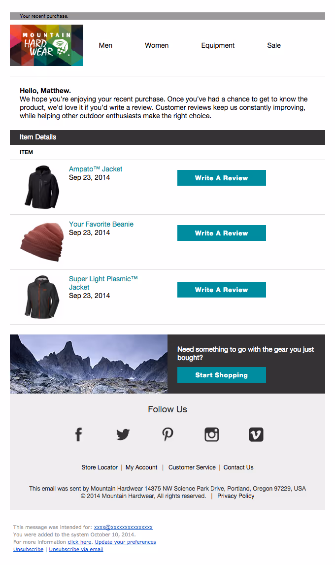 Mountain Hardware review email