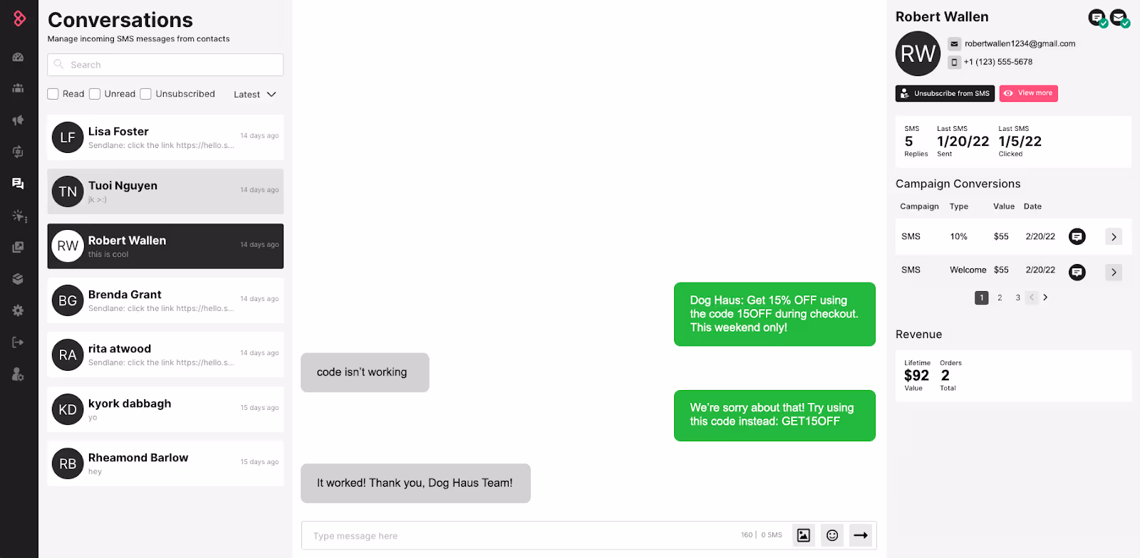 Sendlane two way reply