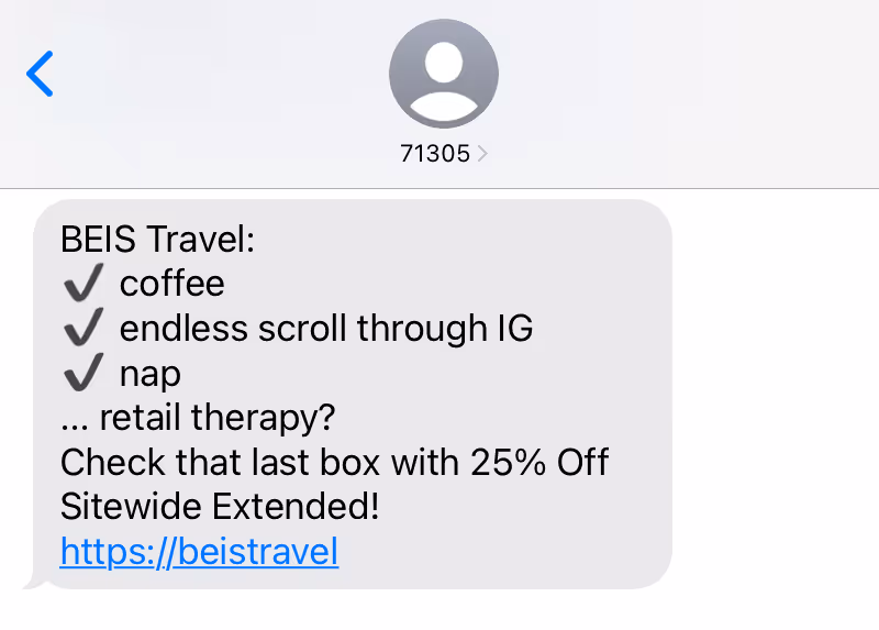 Beis Travel SMS message