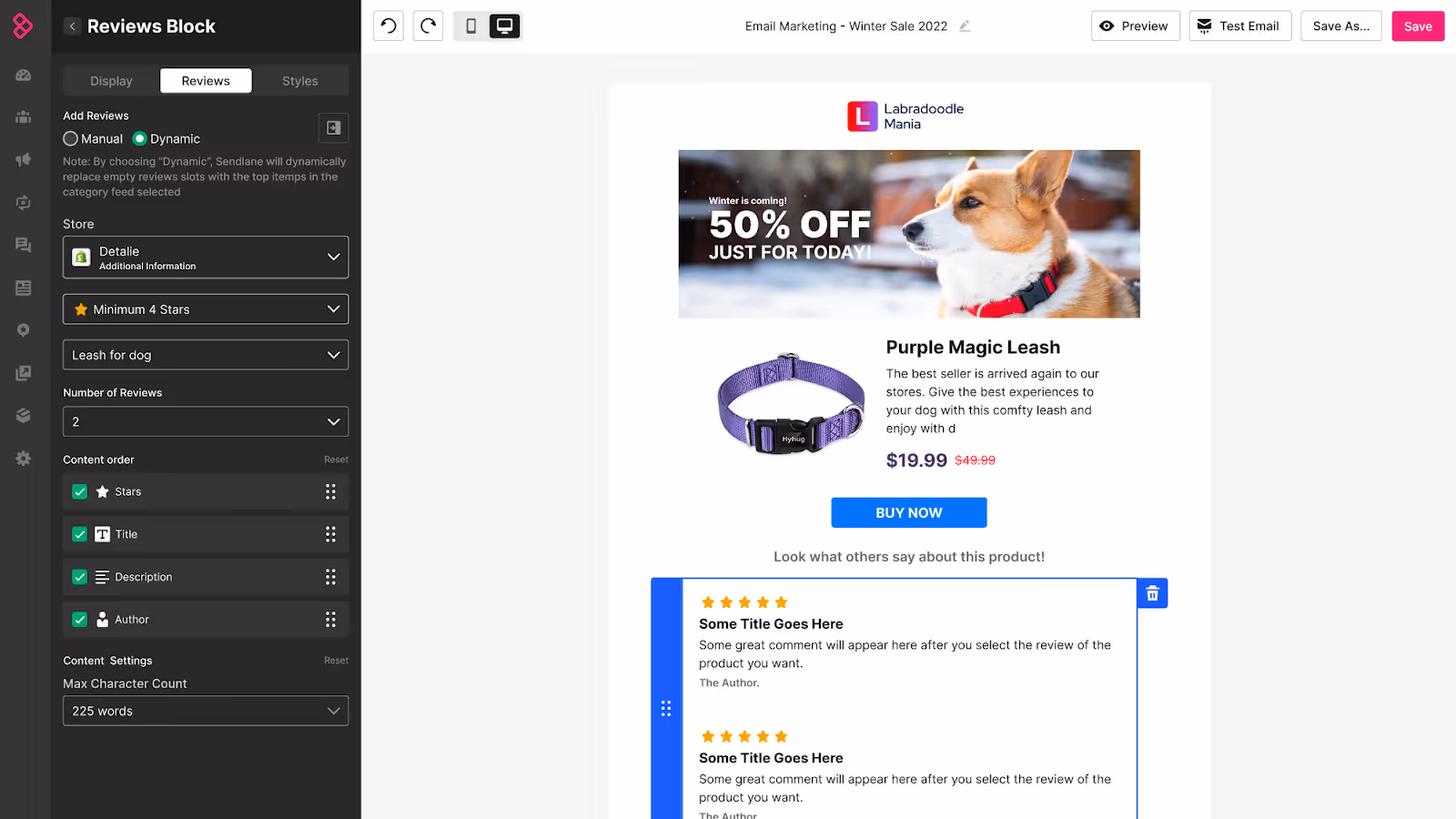 Sendlane email builder
