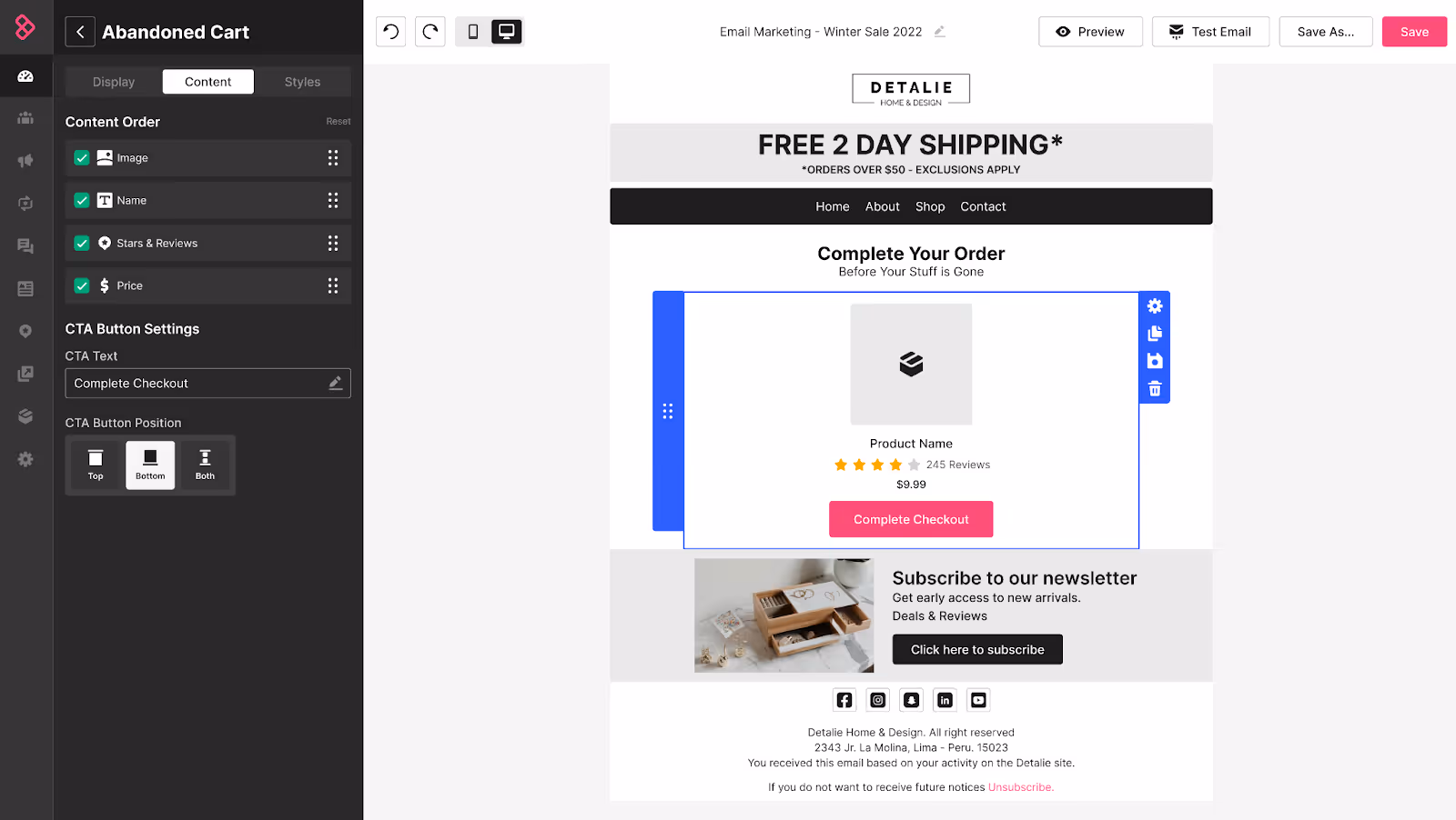 Sendlane abandoned cart sequence