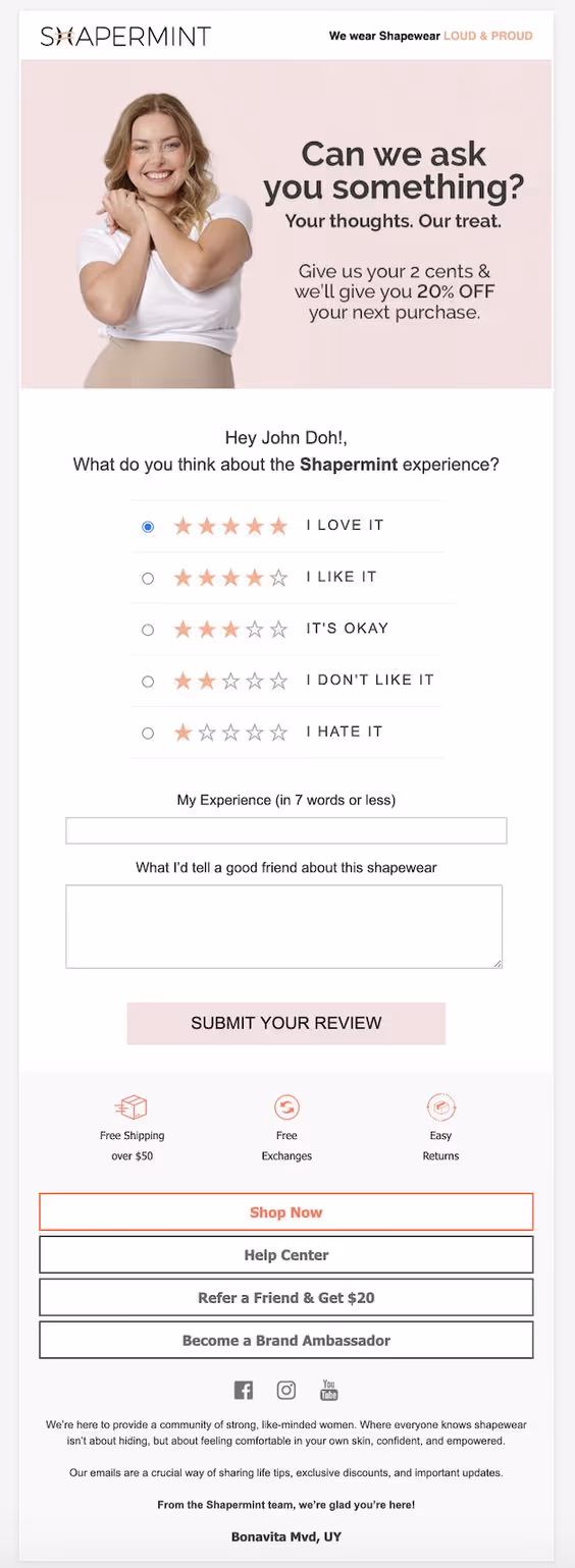 Shapermint review request email