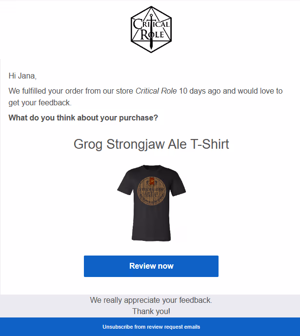 Cricical Role post purchase email