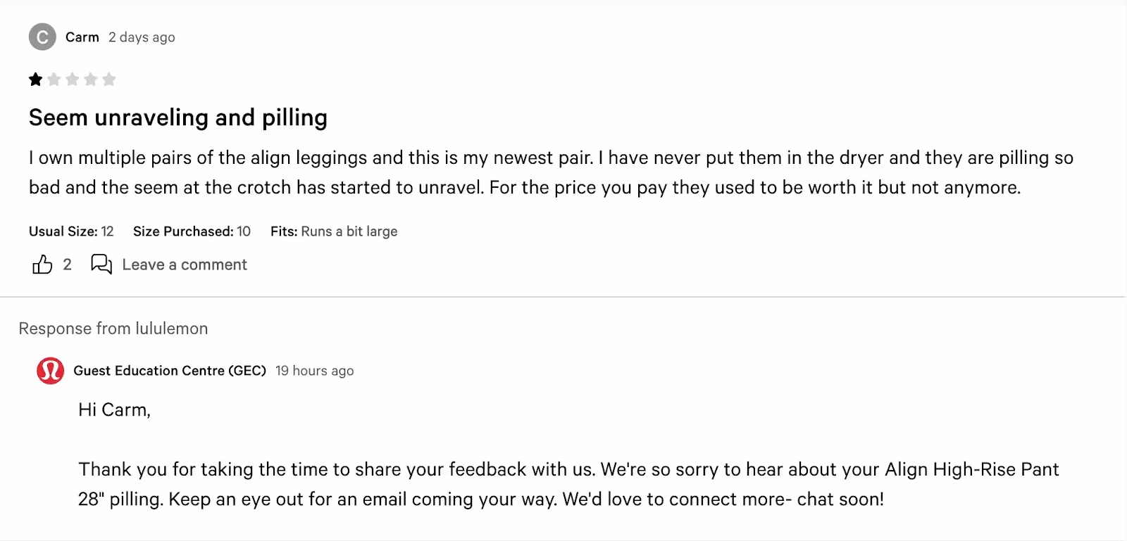 Lululemon review response