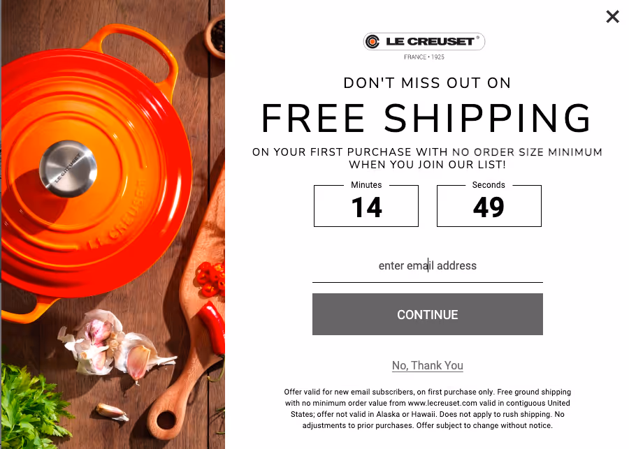 Le Creuset website pop-up