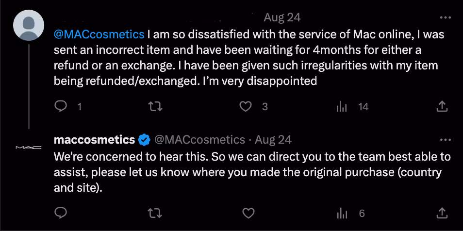 Mac Cosmetics Twitter response