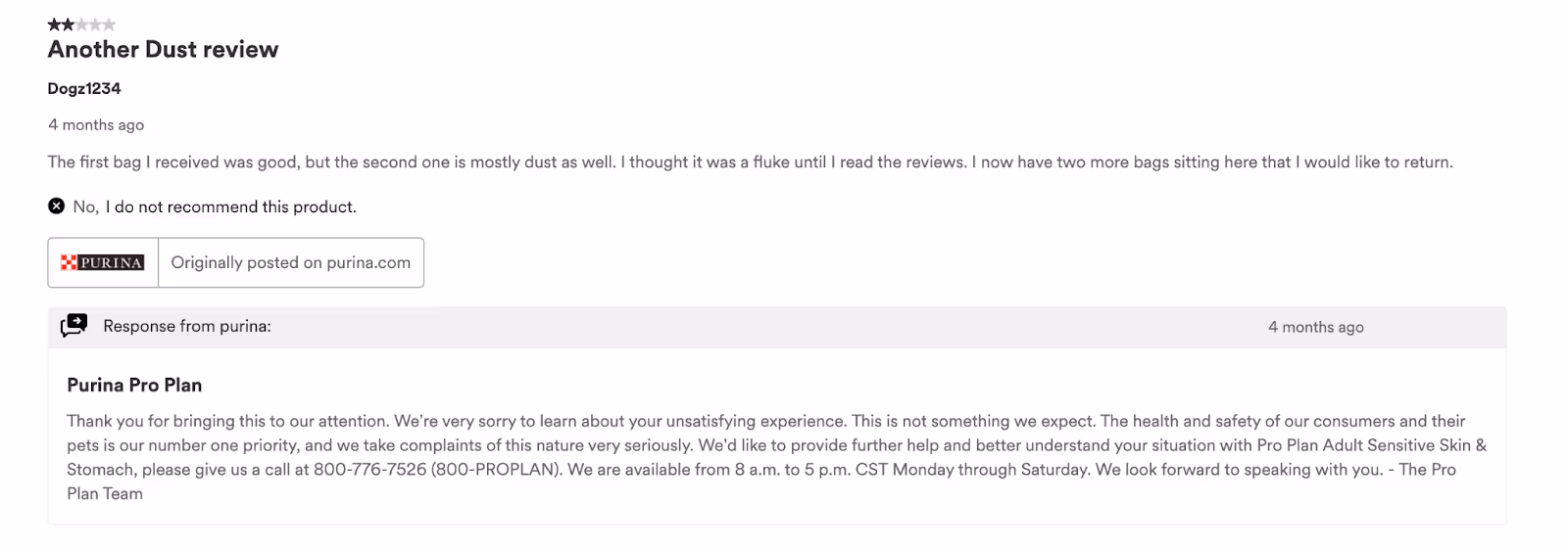 Purina review response