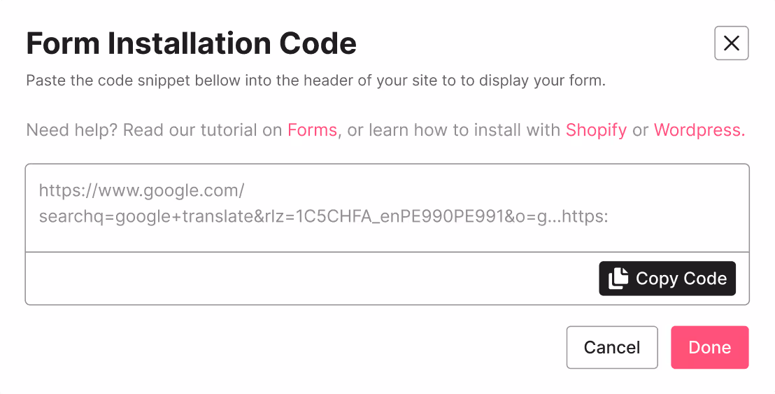 Sendlane forms installation code