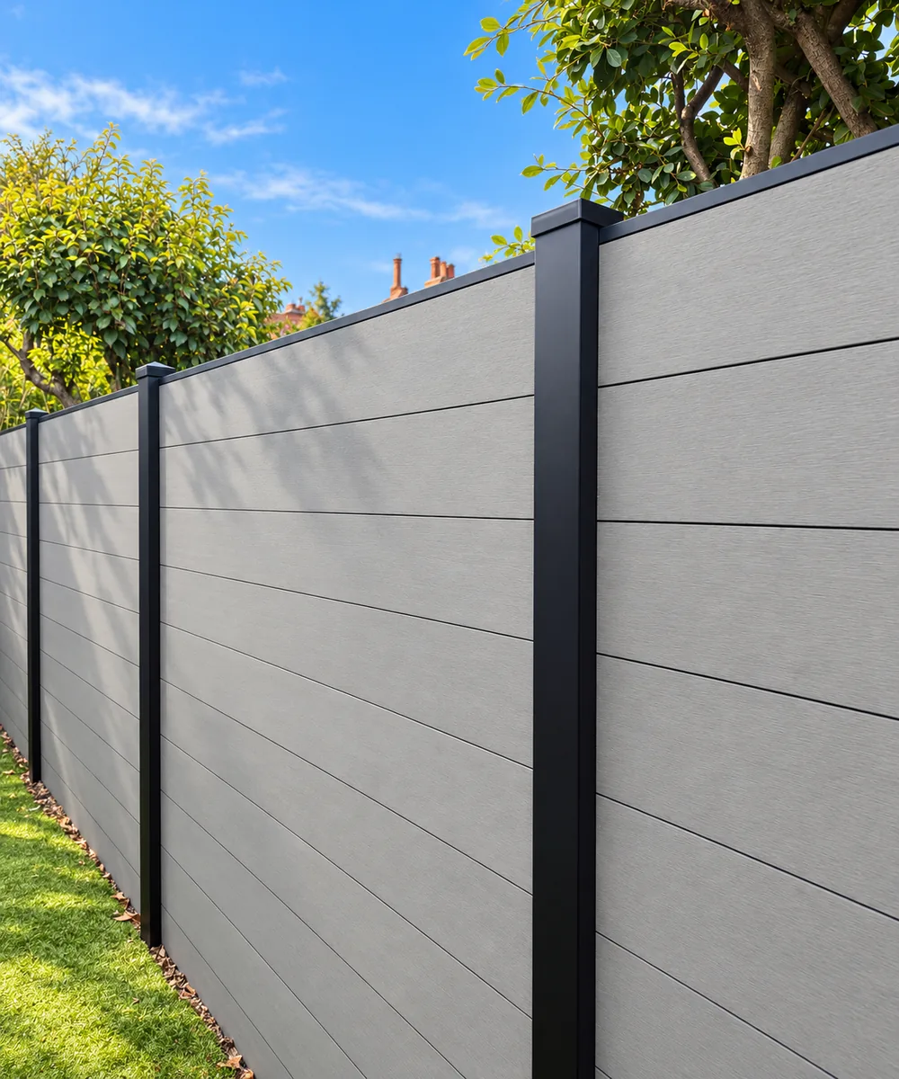 Grey composite fence panels on concrete posts in a customer’s garden
