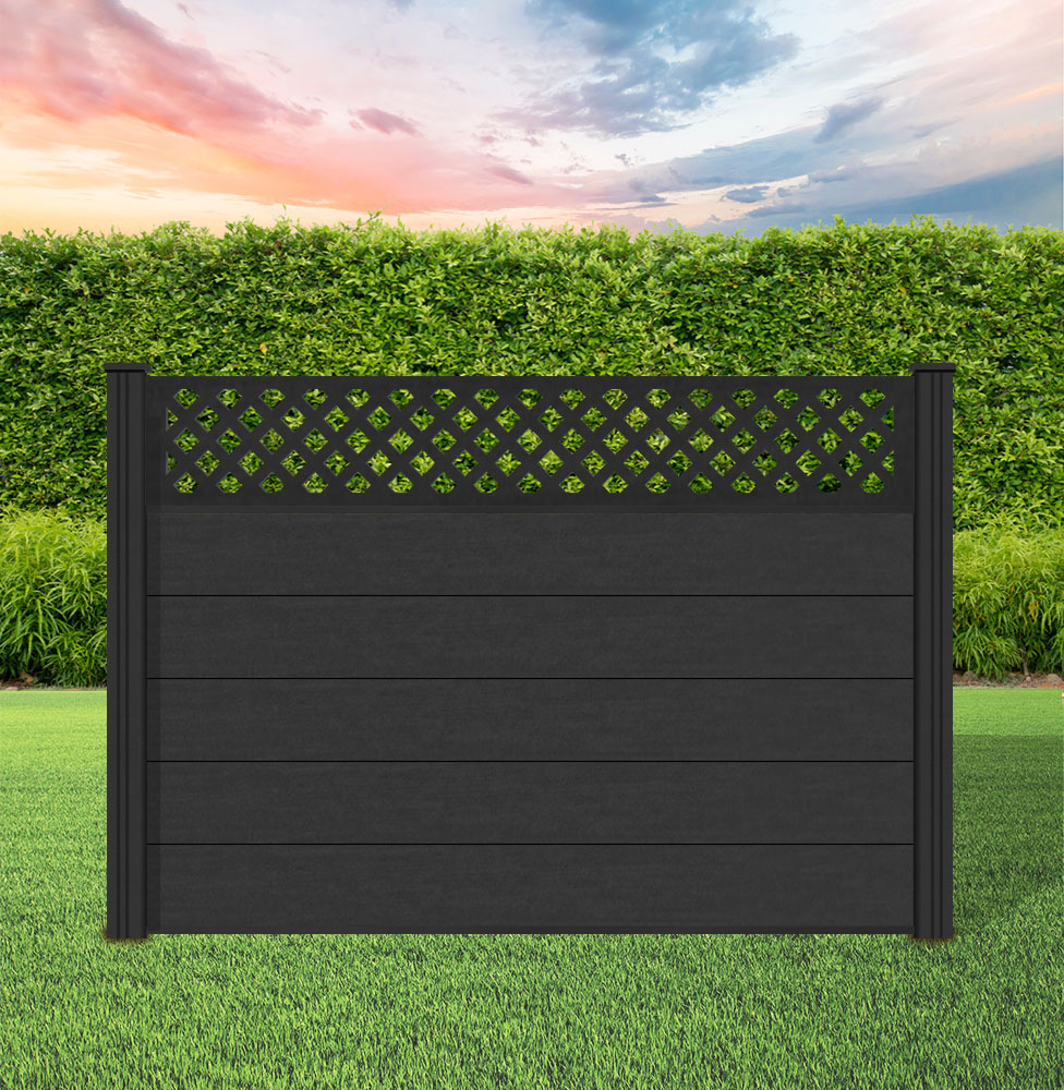 Composite Fence Panel Sets - Aspen Range with Diamond Trellis | Using Charcoal Composite Posts