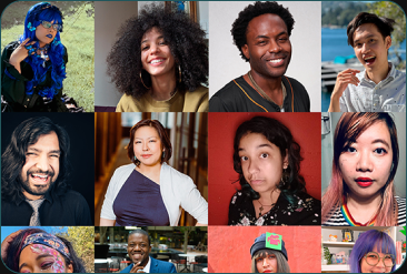 A collage of headshots of previous speakers from GDoCExpo: Nana Moon (She/Her), Katrina Barkwell (She/Her), Ace Patterson (He/Him), Tanat Boozayaangool (He/Him), Sharang Biswas (He/Him), Deborah Chantson (She/Her), Tristan J. Tarwater (They/Them), Monica Fan (She/They), Myleah Lofland (She/Her), Mac Kendema (He/Him), Victoria "Cataxis" Pérez (She/Her), Jenny Windom (She/Her).