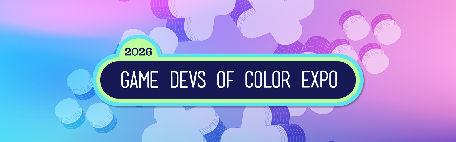Splash art for the Game Devs of Color Expo. Features the 2026 GDoCExpo logo on a pink, purple and blue gradient and minimalist controller button graphics.