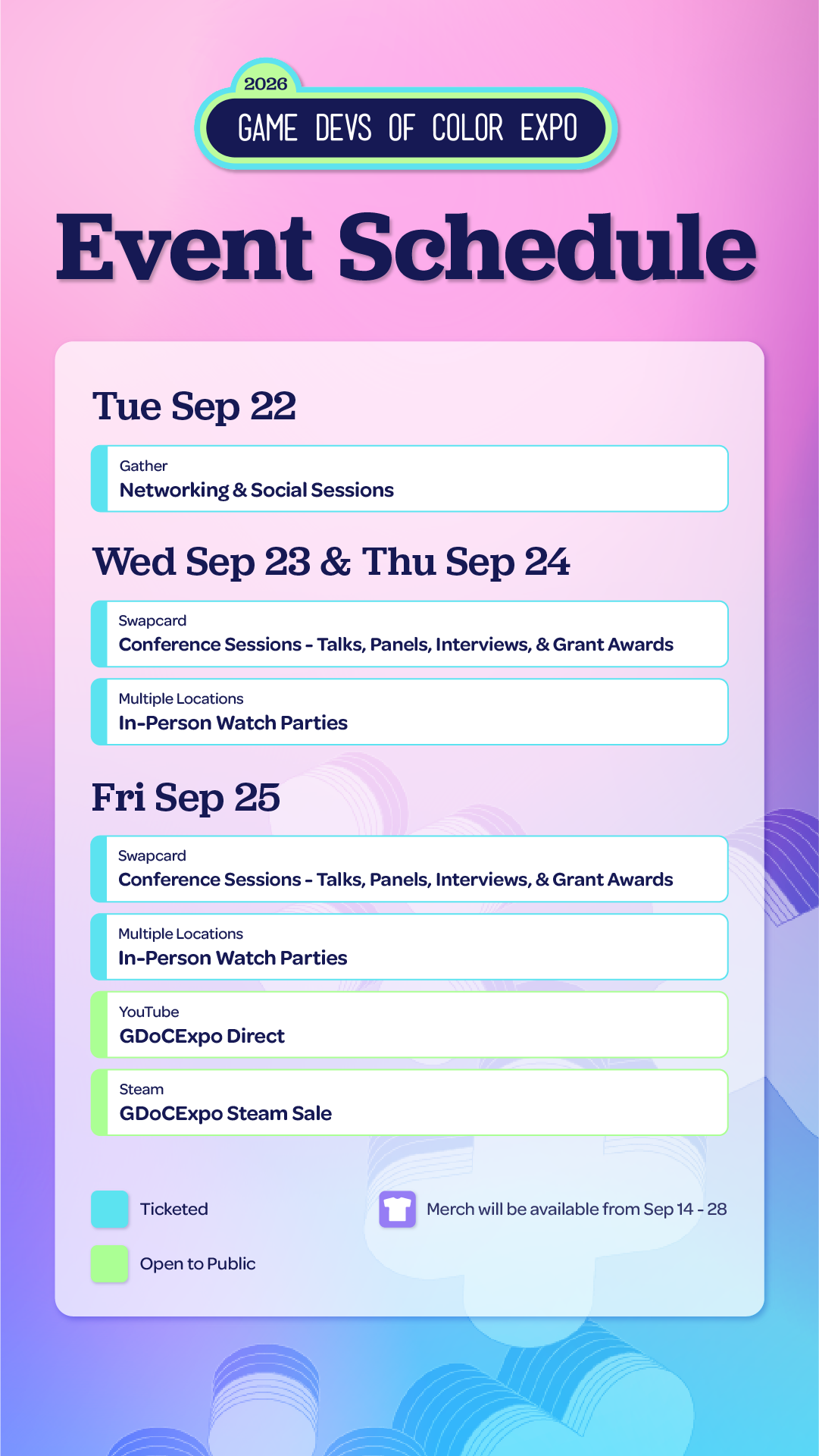 Full chart of GDoC Expo 2026 schedule.