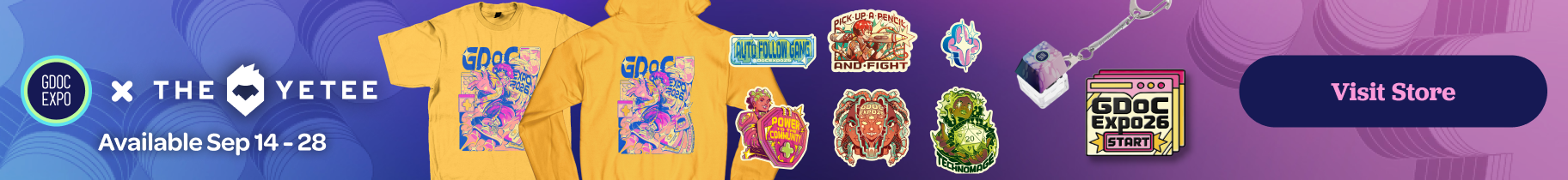 Graphic of GDoCExpo 2026 Merchandise. It includes buttery yellow t-shirts and hoodies, an enamel pin, sticker sheet, and a mechanical keyboard button keychain.