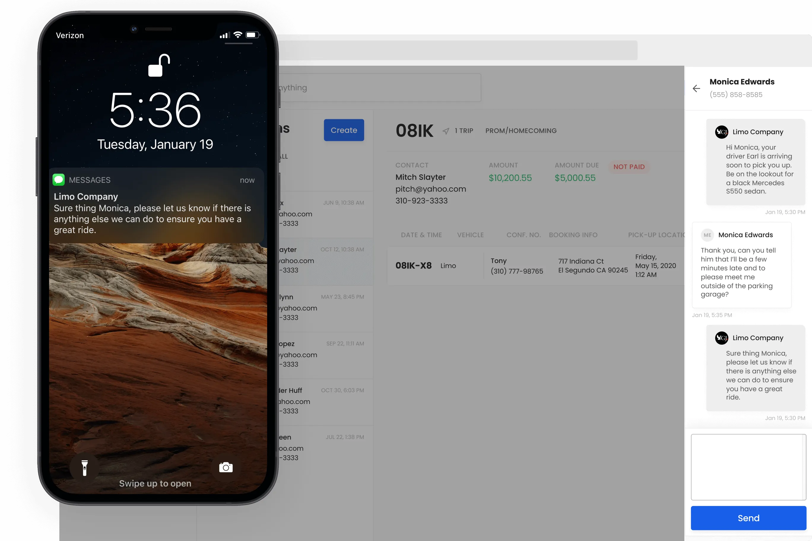 Messaging interface and iPhone showing incoming message