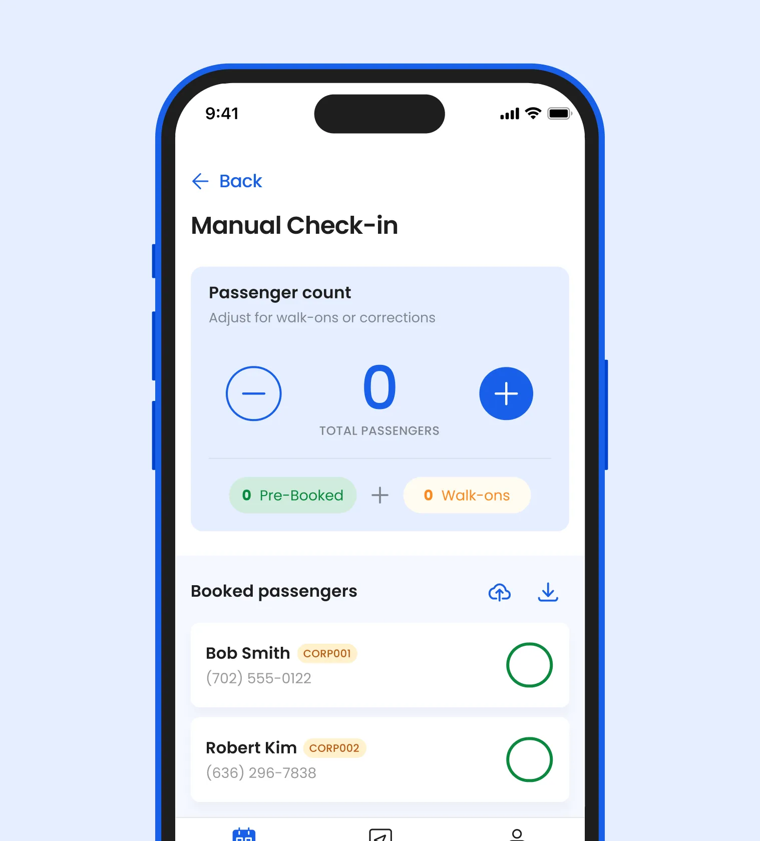 Driver app manual passenger check-in screen showing pre-booked riders and walk-ons with real-time passenger count tracking.