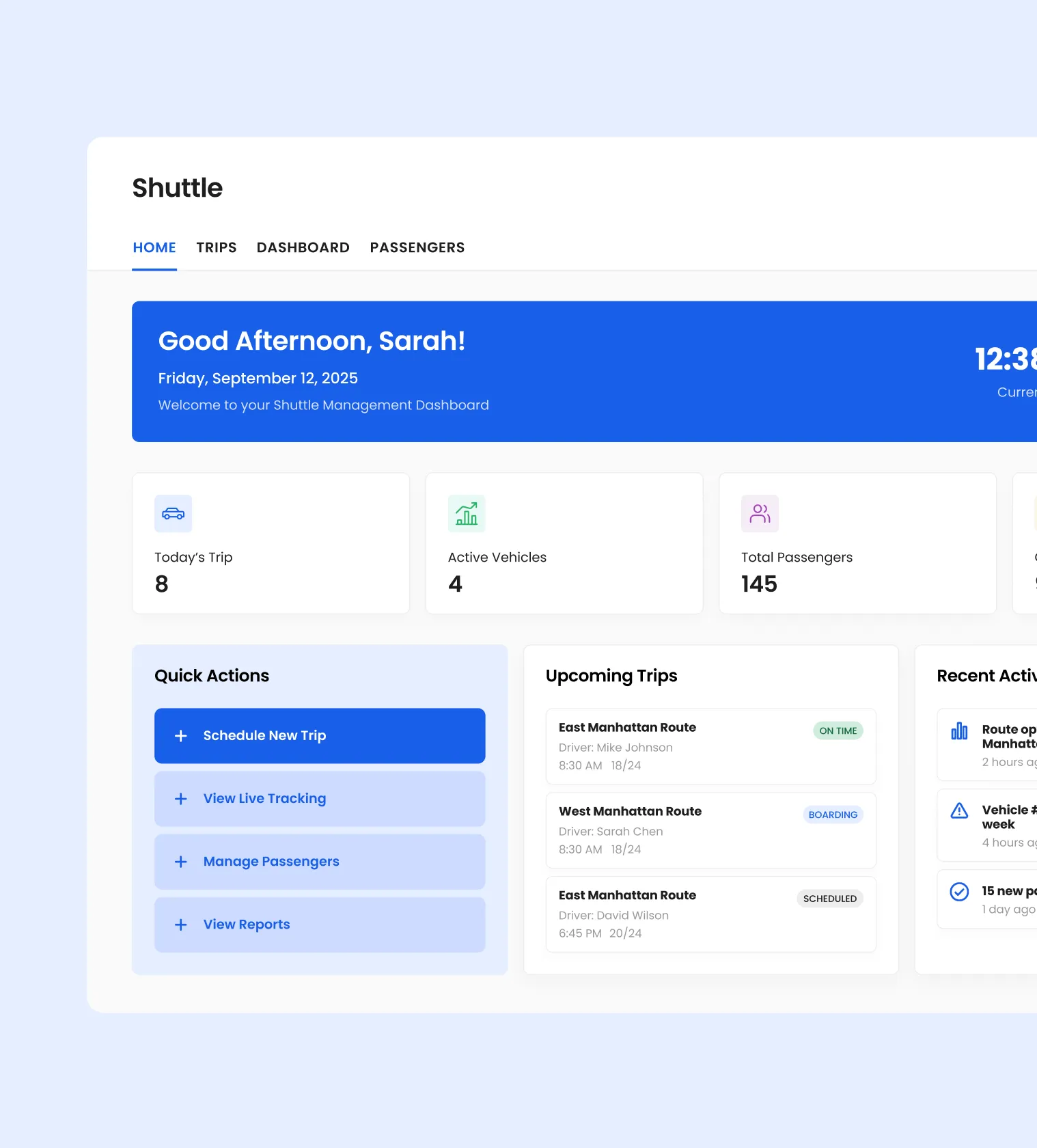 Moovs Shuttle Program Manager Dashboard showing trips, active vehicles, passenger counts, and quick actions for scheduling and live tracking