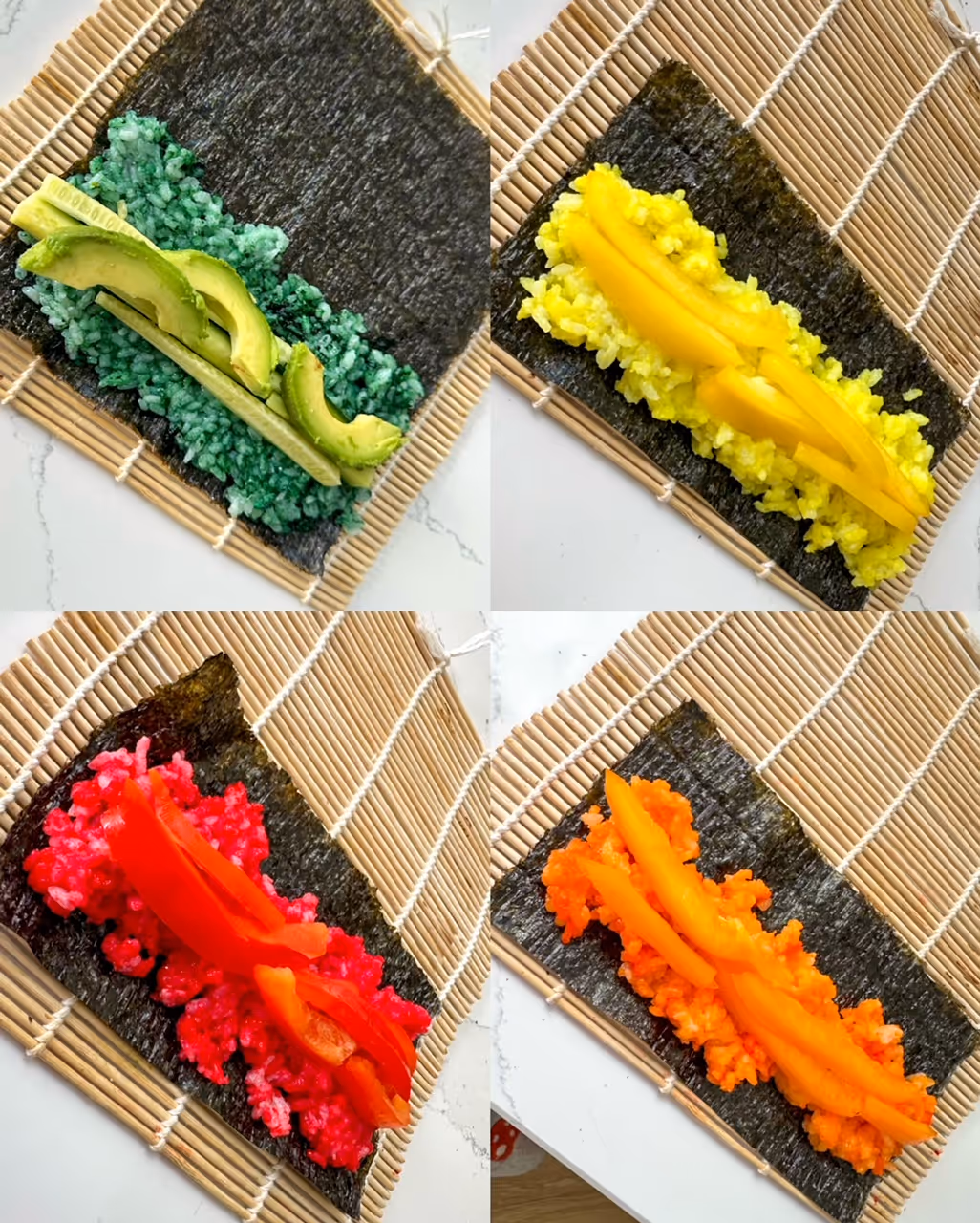 A step-by-step guide to assembling Flower Futomaki Sushi Rolls, with colorful vegetable strips arranged on nori sheets
