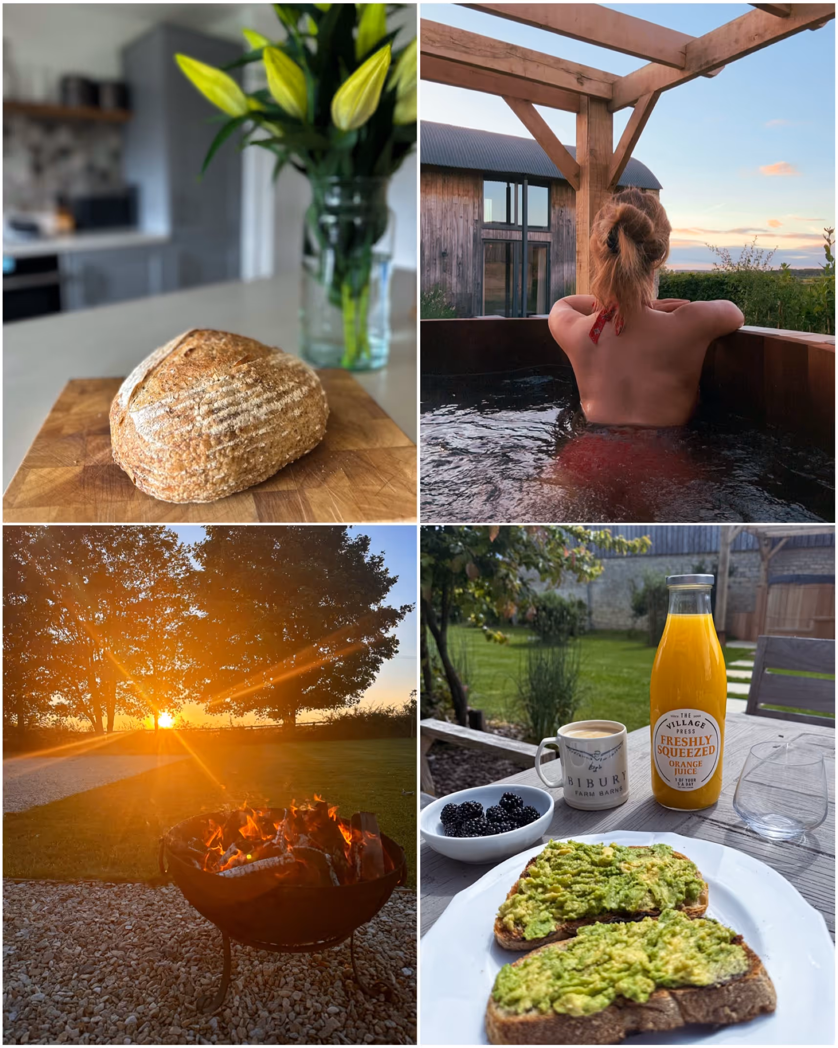 Outdoor hot tub with stunning countryside views and Porchway sofa with firepit and rolling hills view