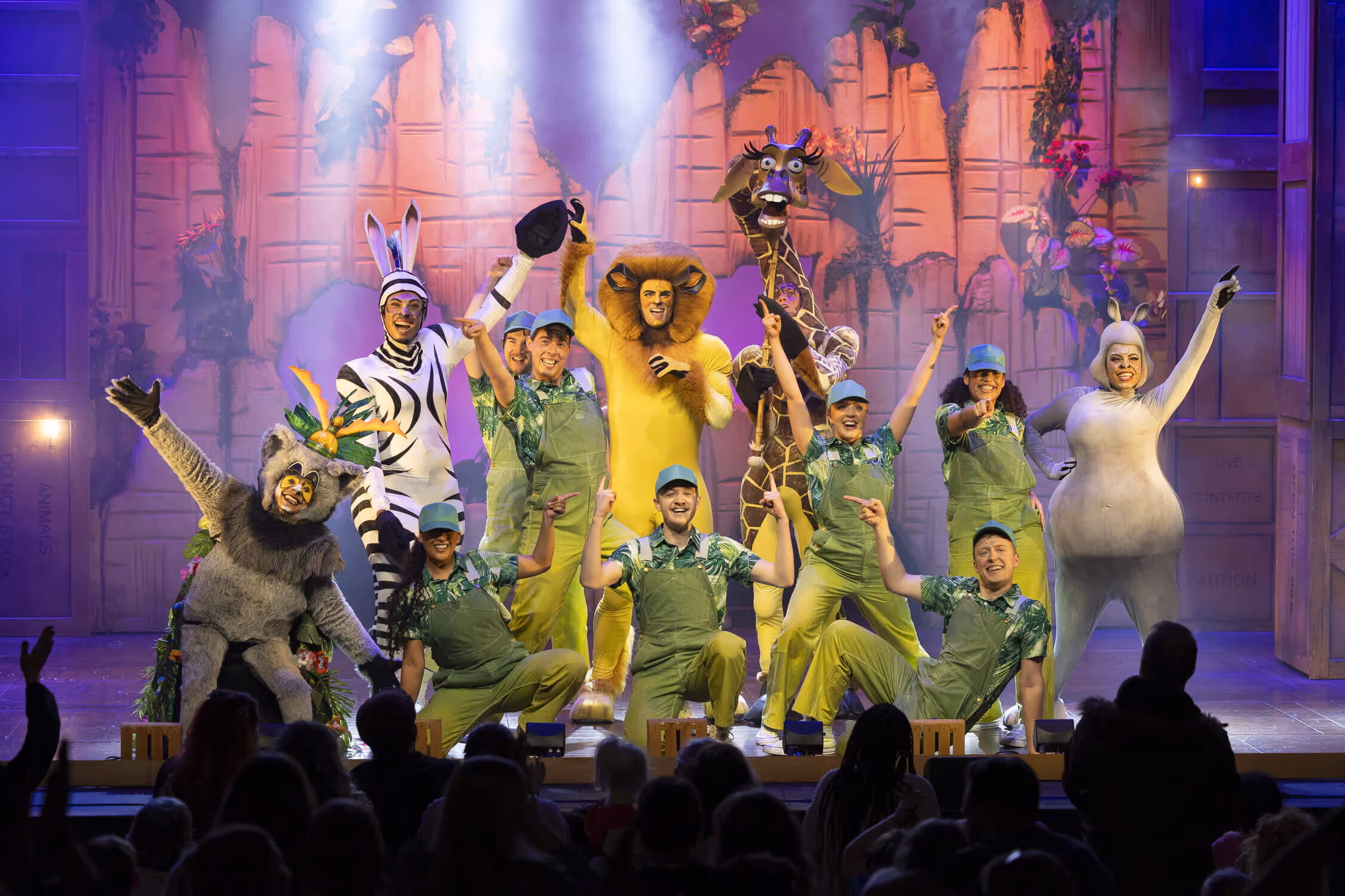 The cast of Madagascar The Musical taking a bow at the end of their performance, with the audience applauding