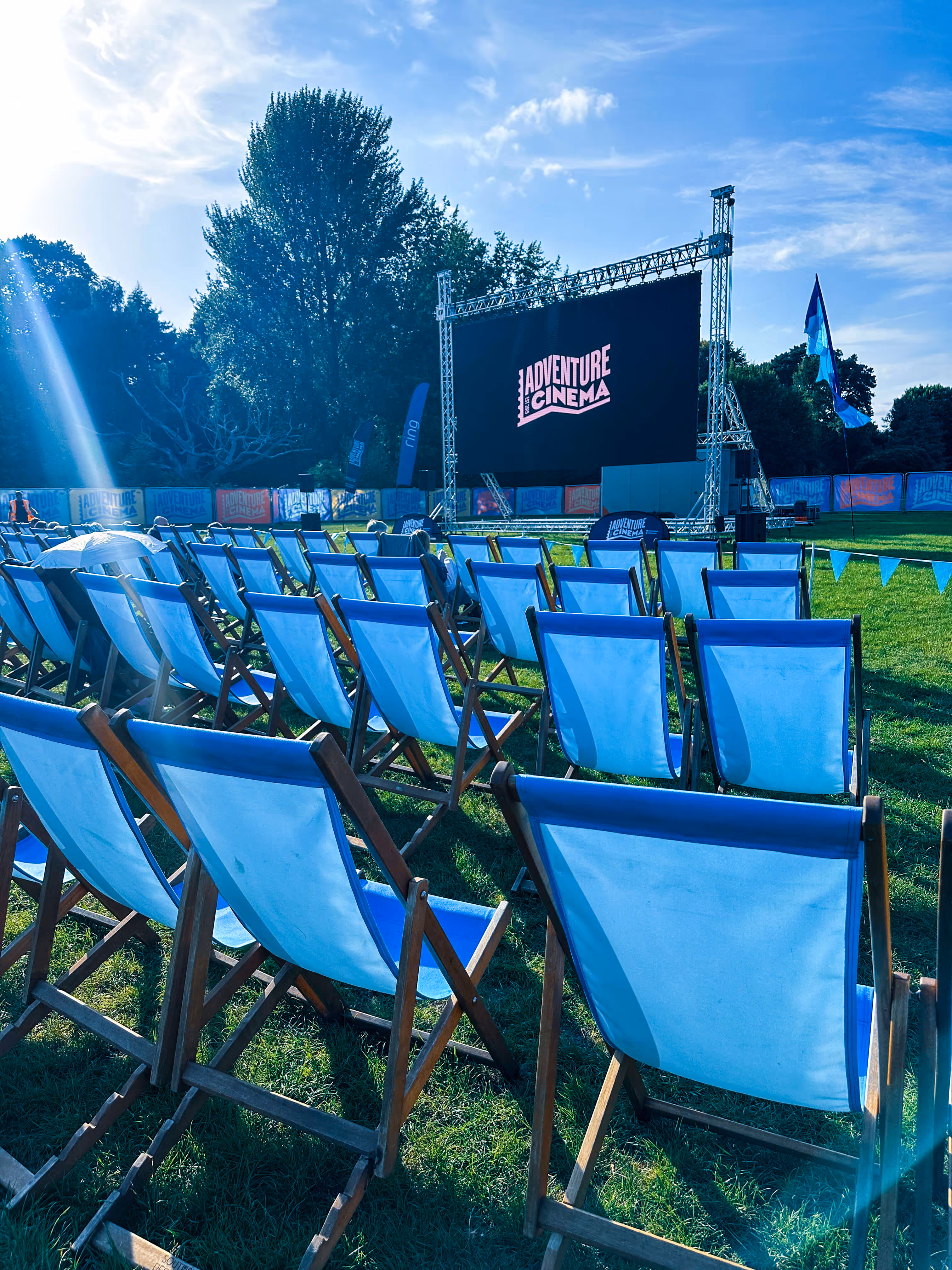 Close-up of a deck chair setup for the Adventure Cinema screening in Bute Park, Cardiff