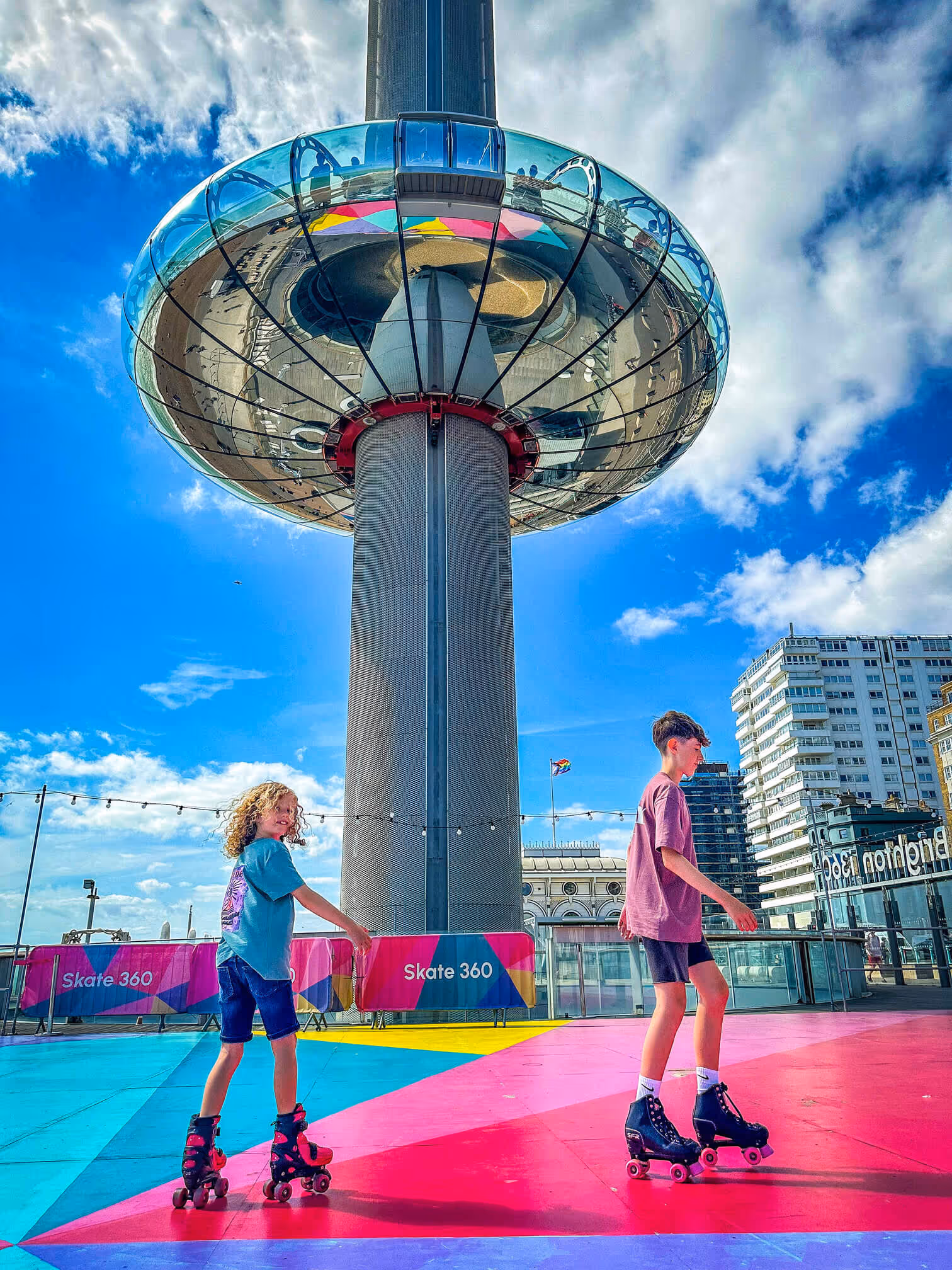 Wide shot of the Skate 360 rink, with Brighton’s i360 tower behind | Mother Of Grom