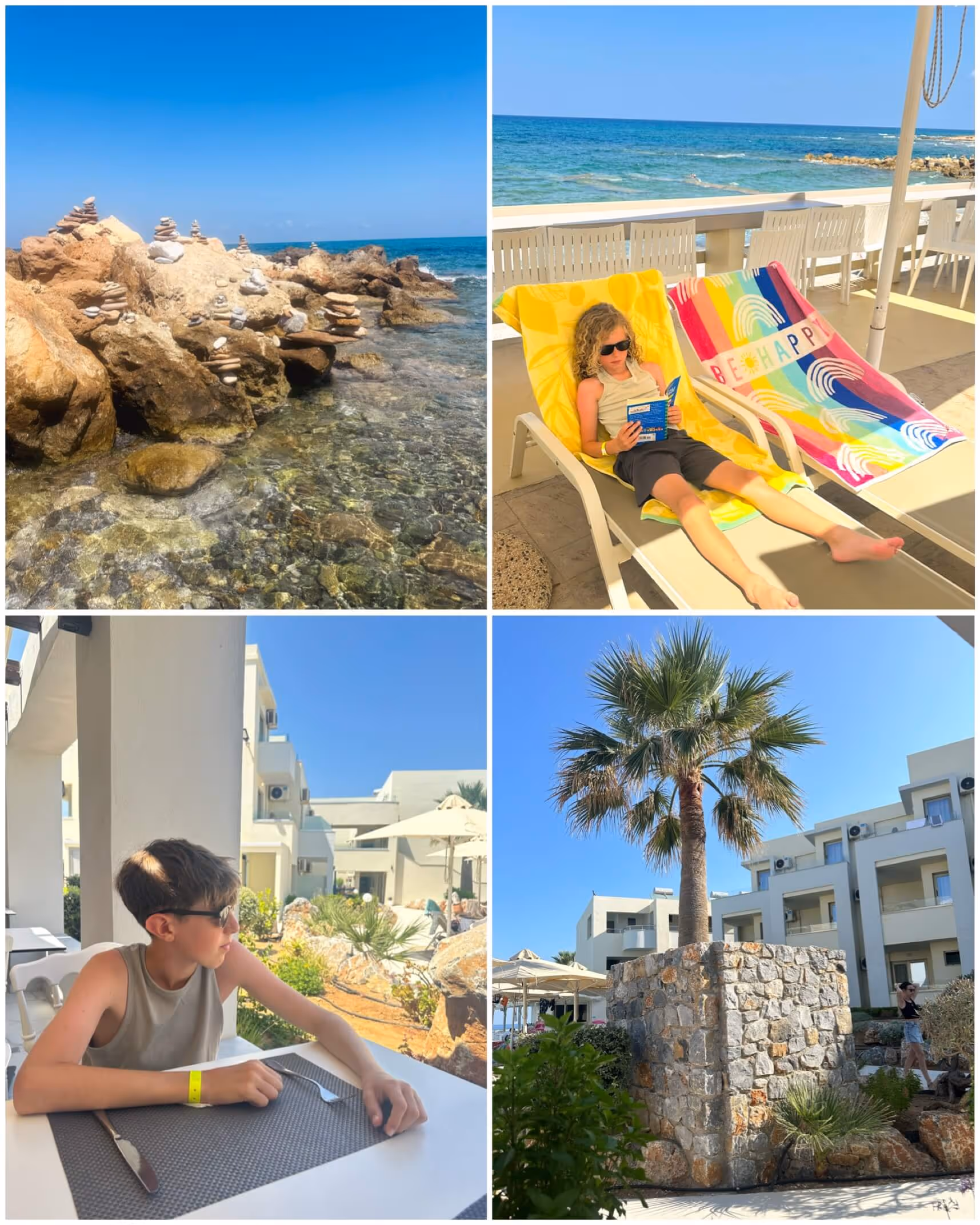 Clear blue waters and pebble beach at Harmony Rethymno Beach with a convenient walkway for easy access to the sea.