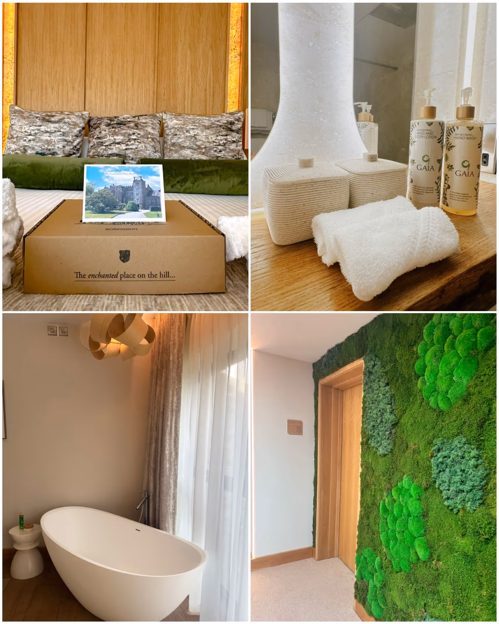 A serene Wellness Suite featuring a luxurious freestanding bath surrounded by GAIA skincare products, fluffy towels, and calming natural textures, creating a perfect atmosphere for relaxation and rejuvenation.