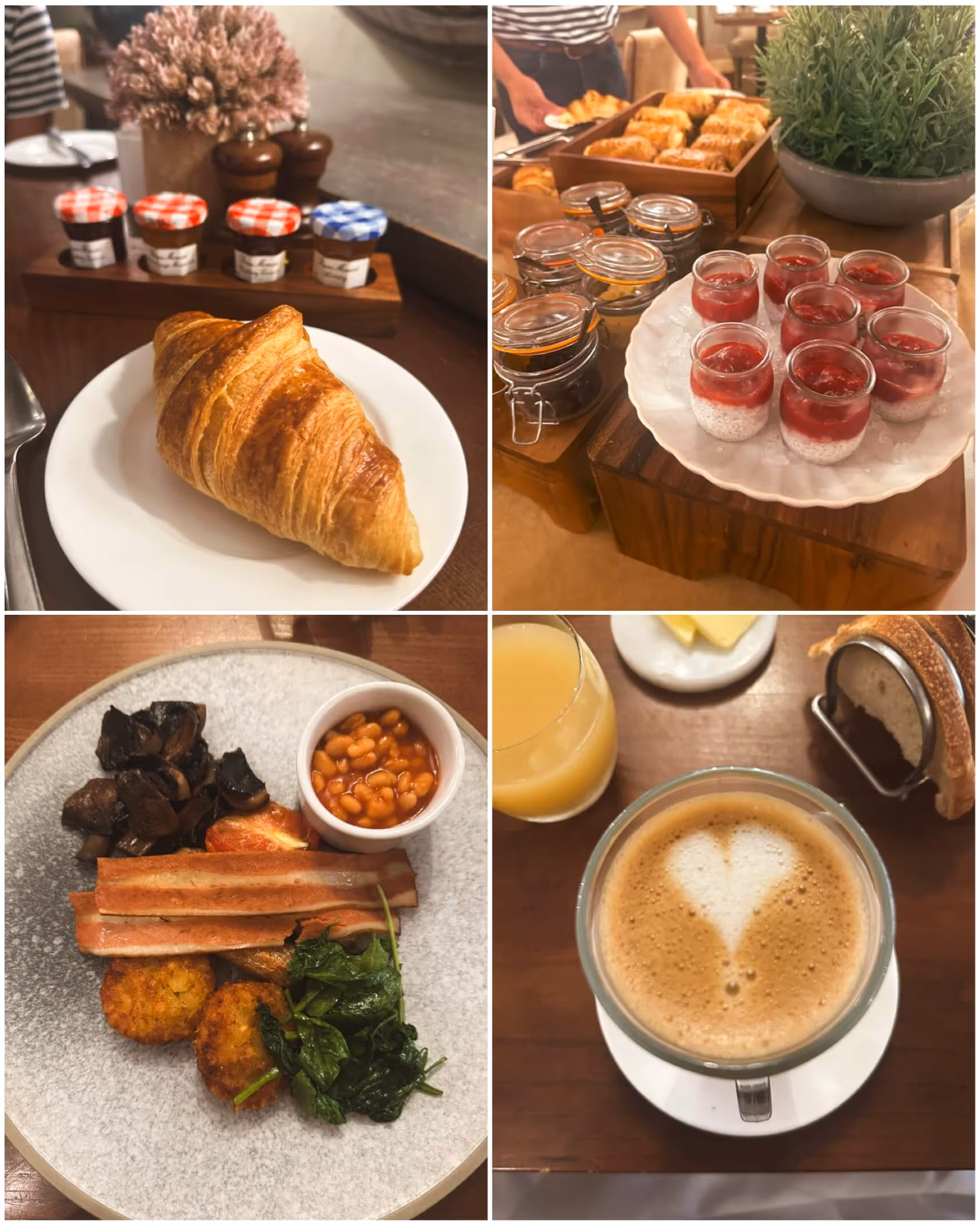 A delicious breakfast spread featuring fresh fruit, chia seed pudding with blackberry compote, pastries, and a full vegan English breakfast at Boringdon Hall.